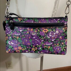 Coach Purple and Green Floral Wristlet crossbody purse